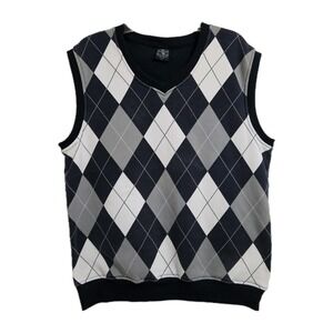 Old Skool Argyle Sweater Vest Mens‎ Lg Black Grey White Excellent V-Neck Fleece